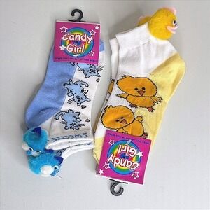 Candy Girl 2 Pack Novelty Socks 3D Plush Cat Chick Googly Eyes Blue Yellow 6-8
